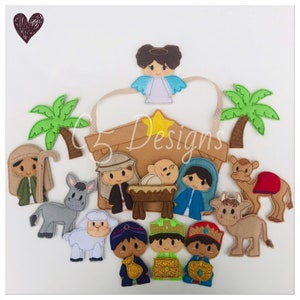 May include: Felt finger puppets depicting the Nativity scene, including Mary, Joseph, baby Jesus, a donkey, a sheep, a camel, an ox, three wise men, and an angel. The puppets are arranged in front of a felt manger with a star above it.