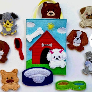 May include: A felt play set with a dog house, food bowl, bone, and brush. There are eight felt dog puppets with different breeds and colors. The set is designed for children to play with and learn about different dog breeds.