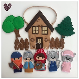May include: A felt finger puppet set featuring characters from the fairy tale Little Red Riding Hood. The set includes Little Red Riding Hood, the wolf, the grandmother, the woodsman, a house, a tree, and a fence.