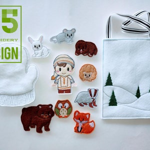 May include: A felt craft set featuring a white mitten, a boy wearing a blue and white patterned shirt, a brown bear, a fox, a badger, a mouse, a rabbit, an owl, a sheep, and a bag with a winter scene. The set is labelled "C5 Embroidery Design".