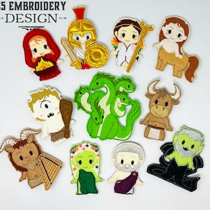 May include: Set of 11 felt finger puppets featuring characters from Greek mythology. The puppets are colorful and detailed, with embroidered features. The characters include Medusa, Zeus, Hercules, Athena, Minotaur, and more.
