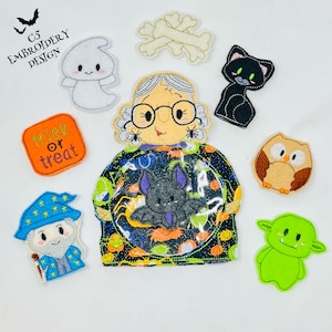 May include: A set of felt finger puppets for Halloween. The puppets include a witch, a ghost, a bat, a cat, an owl, a goblin, and a wizard. The puppets are all brightly colored and have friendly faces. The set also includes a felt sign that says "trick or treat".