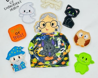 May include: A set of felt finger puppets for Halloween. The puppets include a witch, a ghost, a bat, a cat, an owl, a goblin, and a wizard. The puppets are all brightly colored and have friendly faces. The set also includes a felt sign that says "trick or treat".