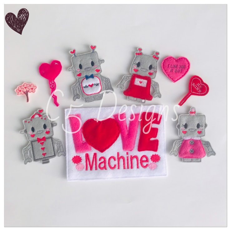 ITH Digital Embroidery Design - Valentine's Day Robots Finger Puppet Set - 4X4 Hoops and Larger - Digital Instant Download - Many Formats
