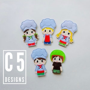 May include: Five felt finger puppets depicting cartoon chefs. The puppets are all wearing white chef hats and have different coloured clothing. The puppets are all smiling and have different coloured hair. The puppets are all about 5 cm tall.