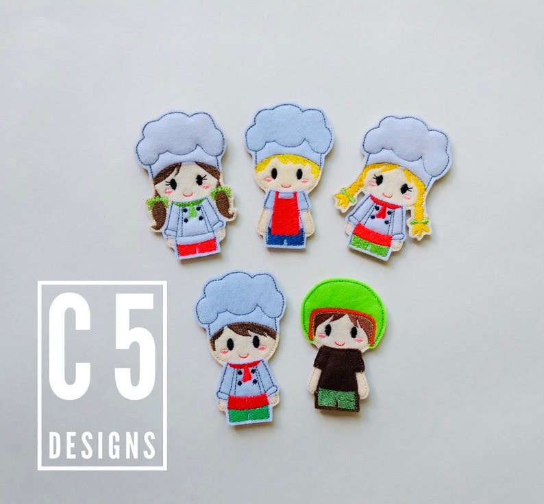 May include: Five felt finger puppets depicting cartoon chefs. The puppets are all wearing white chef hats and have different coloured clothing. The puppets are all smiling and have different coloured hair. The puppets are all about 5 cm tall.