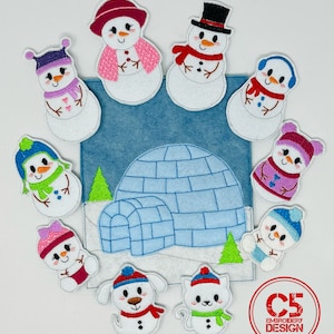 May include: A set of felt finger puppets featuring snowmen and animals. The puppets are designed for use in a felt storybook. The puppets are arranged around a felt igloo. The puppets are all white with colorful accents. The snowmen have different hats and scarves. The animals are a dog and a cat. The puppets are all smiling.