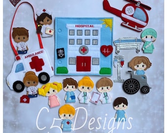 ITH Digital Embroidery Design - Hospital Finger Puppet Set with Busy Book Page - 4X4 Hoops and Larger - Instant Download - Many Formats