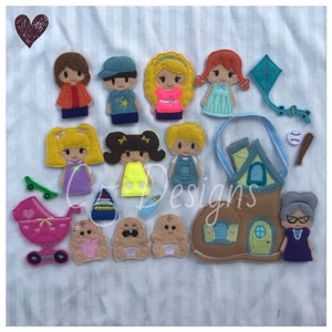 May include: Felt finger puppets of a family with a house, a pram, a baseball bat, a kite, and a book. The family includes a mum, dad, two daughters, two sons, and a grandmother. The house is brown with a yellow roof and a blue door. The pram is pink with a white heart. The baseball bat is brown with a white ball. The kite is blue with a green tail. The book is blue with a white cover.