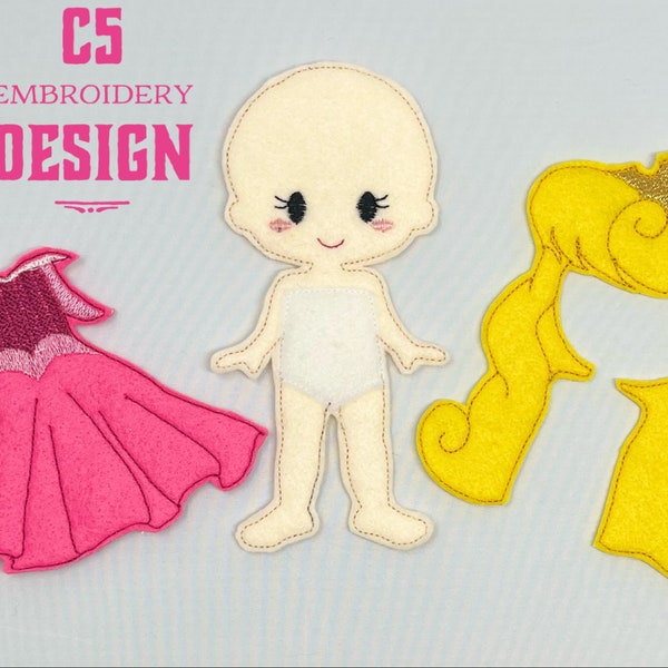 5x7 HOOP ONLY - ITH Digital Embroidery Design - 5x7 Felt Dress Up Sleepy Pink Princess Doll Set - 5x7 Hoop and Larger - Instant Download