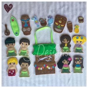 May include: A set of felt finger puppets featuring a luau theme. The set includes a tiki hut, a surfboard, a ukulele, a pineapple, a coconut, a lei, and several characters wearing grass skirts and flower leis.