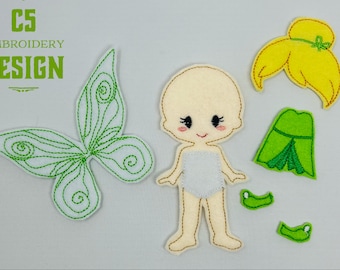 4X4 HOOP ONLY - ITH Digital Embroidery Design - 4X4 Felt Dress Up Green Fairy Doll Set - 4X4 Hoop and Larger - Instant Download
