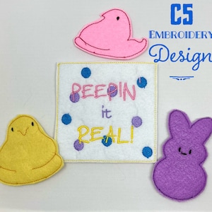 May include: Three felt Easter-themed patches with the text "Peepin' it real!" in pink, yellow, and purple. The patches are on a white background with blue and purple polka dots.