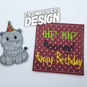 May include: Embroidered design featuring a grey hippo wearing a red and green party hat, with the text "Hip Hip Hooray! Happy Birthday" in green and yellow on a red background.