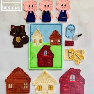 Puede incluir: Marionetas de dedos de fieltro de tres cerdos con monos azules, un lobo marrón y tres casas hechas de paja, palos y ladrillos. Las casas también se incluyen como piezas separadas. El conjunto se titula "C5 Designs".