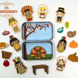 May include: A set of felt Thanksgiving-themed finger puppets and other felt decorations in a tin box. The puppets include a pilgrim, an indigenous person, and a turkey. The decorations include a cornucopia, a pumpkin, a pie, and a table.