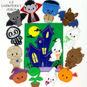 May include: A set of 12 felt finger puppets featuring various Halloween characters, including a vampire, Frankenstein, a ghost, a mummy, a witch, a pumpkin, a bat, a skeleton, a plant, and a voodoo doll. The puppets are arranged around a felt backdrop depicting a spooky house with a moon and bats.