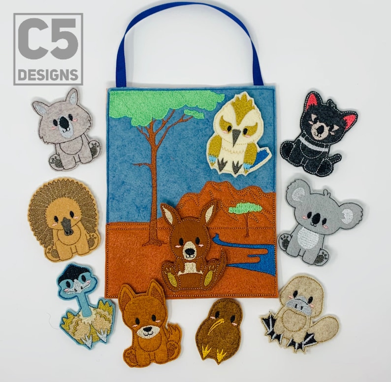 May include: A felt play set with a blue background and a variety of Australian animals, including a kangaroo, a kookaburra, a wombat, and a koala. The set is designed for children to learn about Australian wildlife.
