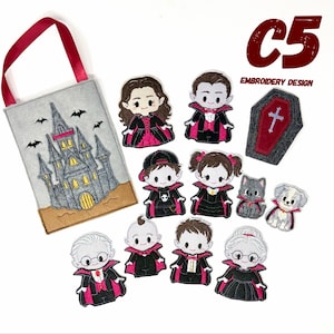 May include: A set of embroidered felt patches featuring a castle bag, a coffin, and various vampire-themed characters including children, adults, and pets. The text C5 EMBROIDERY DESIGN is visible in the upper right corner of the image.