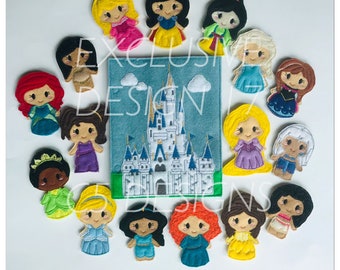 May include: A set of felt finger puppets featuring Disney princesses, including Snow White, Cinderella, Ariel, Belle, and more. The puppets are arranged around a felt castle backdrop with the text "Exclusive Designs".