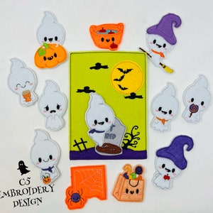 May include: A set of felt Halloween-themed appliques, including ghosts, a witch, a cauldron, a pumpkin, a spider web, a candy bag, and a tombstone. The appliques are colorful and have a variety of expressions.