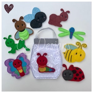 Può includere: Un set di artigianato in feltro con una varietà di insetti colorati, tra cui una farfalla, una coccinella, un'ape, una libellula, una formica, una lucciola, un bruco e un grillo. Gli insetti sono progettati per essere posizionati all'interno di un barattolo di feltro con una finestra di plastica trasparente.