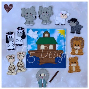 May include: Felt finger puppets of animals from Noah's Ark, including a zebra, giraffe, lion, elephant, sheep, and a dove. The puppets are arranged around a felt ark with a green roof and a blue background.
