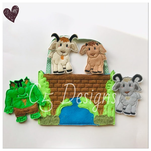 ITH Digital Embroidery Design - Billy Goats Gruff Finger Puppet Set with Busy Book Page - 4X4 Hoops and Larger - Instant Download