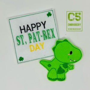 ITH Digital Broderidesign - Glad St. Pat-REX Day Dinokort och Fingerdocka - 4X4 Hoops - Digital Omedelbar Nedladdning - St. Patrick's Day