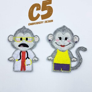 May include: Two felt finger puppets of monkeys. One monkey is wearing a doctor's coat, a stethoscope, and glasses. The other monkey is wearing a yellow tank top and purple shorts. The text "C5 EMBROIDERY DESIGN" is above the puppets.