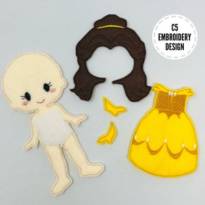 5x7 HOOP ONLY - ITH Digital Embroidery Design - 5x7 Felt Dress Up Beautful Yellow Princess Doll Set - 5x7 Hoop and Larger - Instant Download