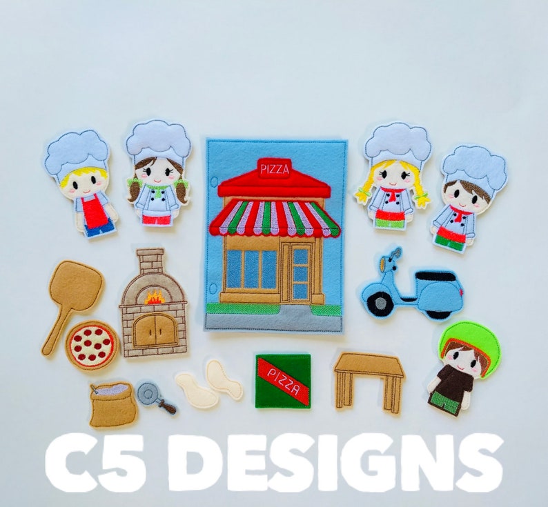 May include: Felt play set with a pizza shop, a pizza oven, a pizza, a table, a scooter, and five felt figures of people wearing chef hats. The text "PIZZA" is on the shop and a sign.