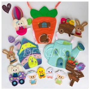 May include: A set of felt Easter-themed finger puppets and play pieces. The set includes a carrot house, a watering can house, a bunny in a hot air balloon, a bunny in a car, a bunny pulling a wagon, a bunny in a house, a chick, a lamb, and a bird with a sign that says "Foster Egg Hunt".