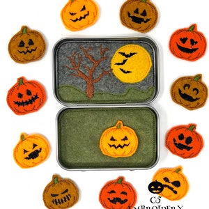Diseño de bordado digital ITH - Juego de latas con expresiones de calabaza - Fieltros - Ith Halloween