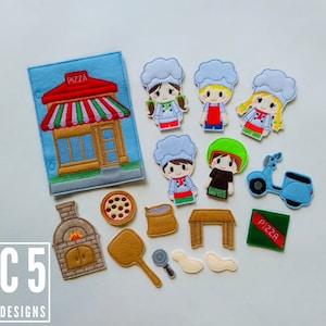 May include: Felt play set for children featuring a pizza shop, chefs, a table, a pizza, a pizza oven, a pizza delivery scooter, and a bag of flour. The set includes a felt book with a pizza shop on the front.