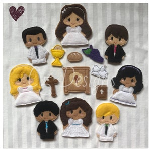 May include: Felt finger puppets of children dressed in communion attire, including a chalice, bread, grapes, a cross, a dove, and a book.