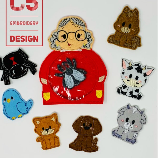 ITH Digital Embroidery Design - Old Lady Who Swallowed a Fly Finger Puppet Set - 4X4 Hoops and Larger - Digital Instant Download