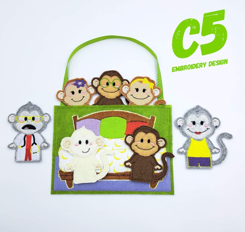 ITH Digital Embroidery Design - 5 Little Monkeys Finger Puppet Set - 4X4 Hoops and Larger - Digital Instant Download - Nursery Rhymes image 1