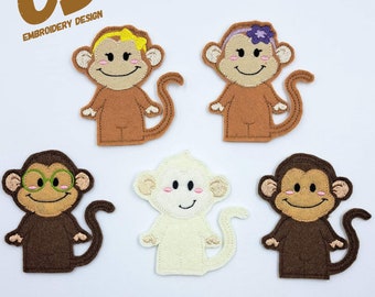ITH デジタル刺繍デザイン - 5 匹の小さな猿の指人形セット - 4X4