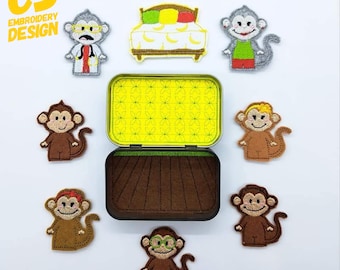 May include: A set of felt finger puppets in a tin box. The puppets include a doctor monkey, a monkey in a green dress, a monkey with a yellow bow, a monkey with red hair, a monkey with glasses, and a bed with bananas. The tin box has a yellow and green floral pattern on the lid and a brown felt interior.