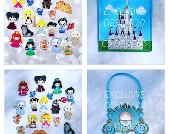 May include: A set of 20 felt applique designs featuring characters from Disney's Cinderella. The designs include Cinderella, Prince Charming, the Fairy Godmother, the mice, the stepsisters, and the pumpkin carriage. The designs are perfect for creating personalised gifts, home decor, or clothing.