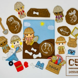 ITH Digital Embroidery Design - Paleontologist Finger Puppet Set - 4X4 Hoops and Larger - Digital Instant Download - Many Formats Dinosaur