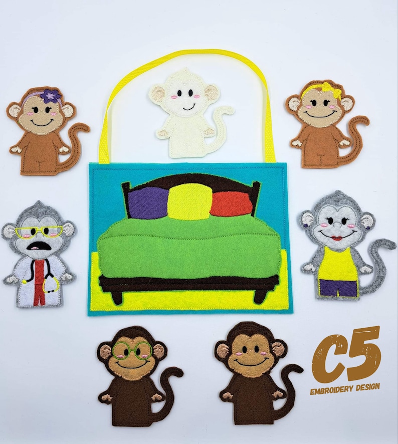 ITH Digital Embroidery Design - 5 Little Monkeys Finger Puppet Set - 4X4 Hoops and Larger - Digital Instant Download - Nursery Rhymes image 5