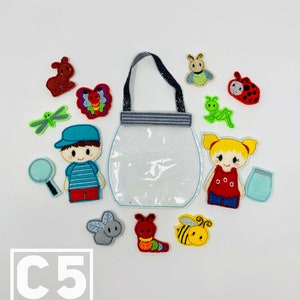 May include: A set of felt appliques for a bug catching game. The set includes a boy and girl, a magnifying glass, a jar, a butterfly, a ladybug, a dragonfly, a bee, a caterpillar, a fly, a grasshopper, and an ant.