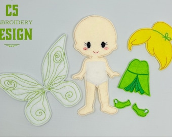 5x7 HOOP ONLY - ITH Digital Embroidery Design - 5x7 Felt Dress Up Green Fairy Doll Set - 5x7 Hoop and Larger - Instant Download