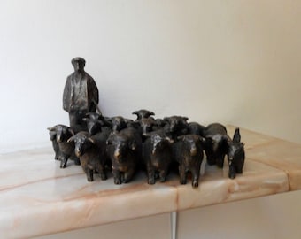 Home sculpture,Realistic sculpture,Bronze sculpture,Bronze statue of Shepherd with herd ,Limited edition,Small sculptural plastic