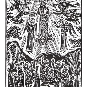 Ascension of Christ ,Bible, Christianity, Linocut