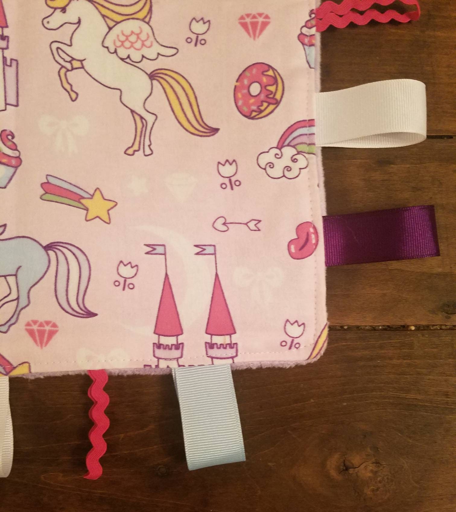 Unicorn and Rainbow Mini Blanket / unicorn / baby girl / rainbow / blanket / baby / flannel / minky / purple / pink / ribbons / texture - Thumbnail 2