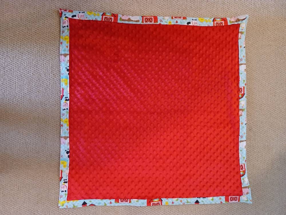 Farm Animal Flannel and Minky Baby Blanket / barn / red / blue / farm / cow / chicken / pig / duck / handsewn / baby gift / blanket - Thumbnail 3