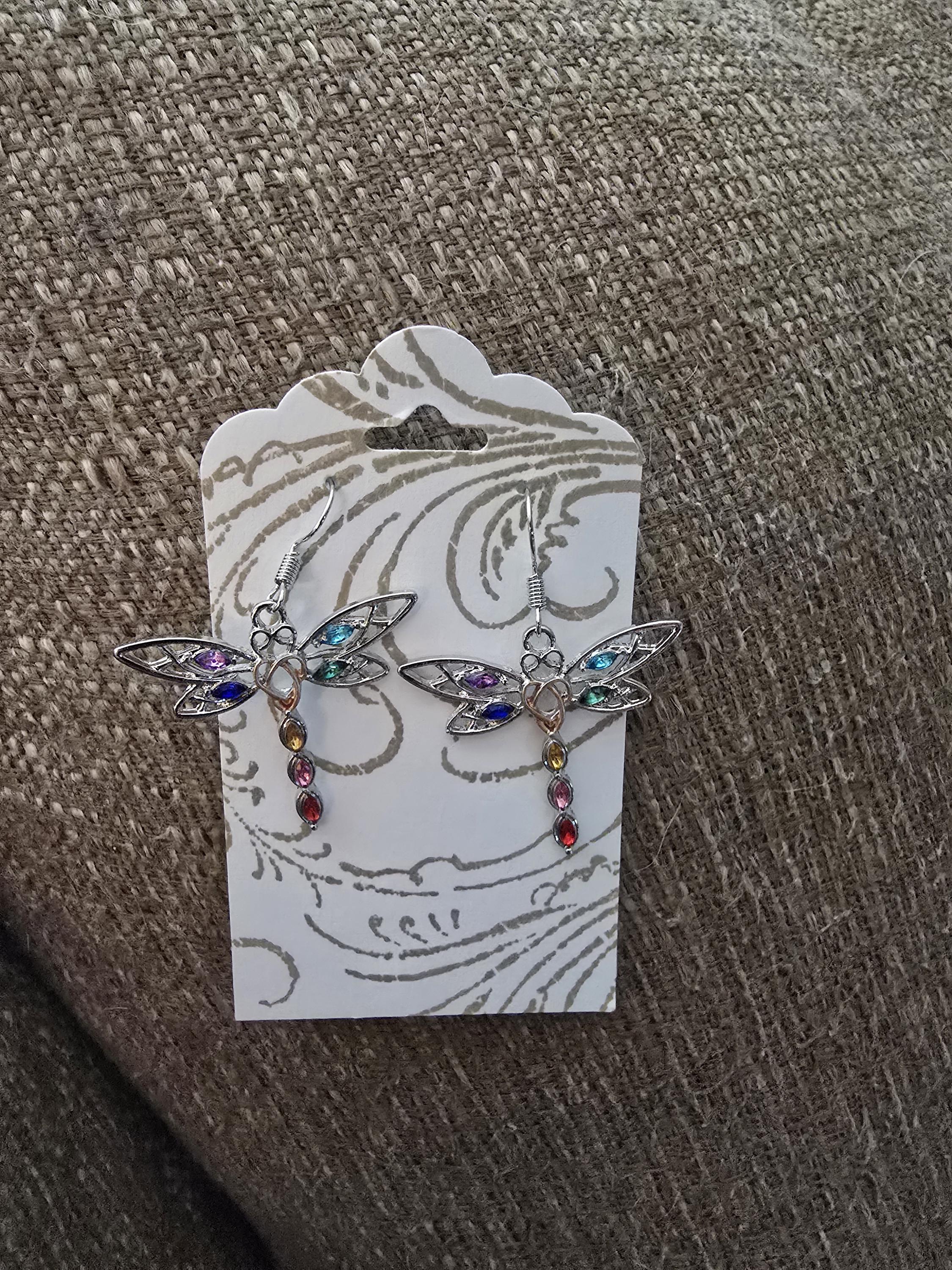 Dragonfly Earring / metal charm / nickel free / fish hook / insect / rainbow / rhinestone - Image 1